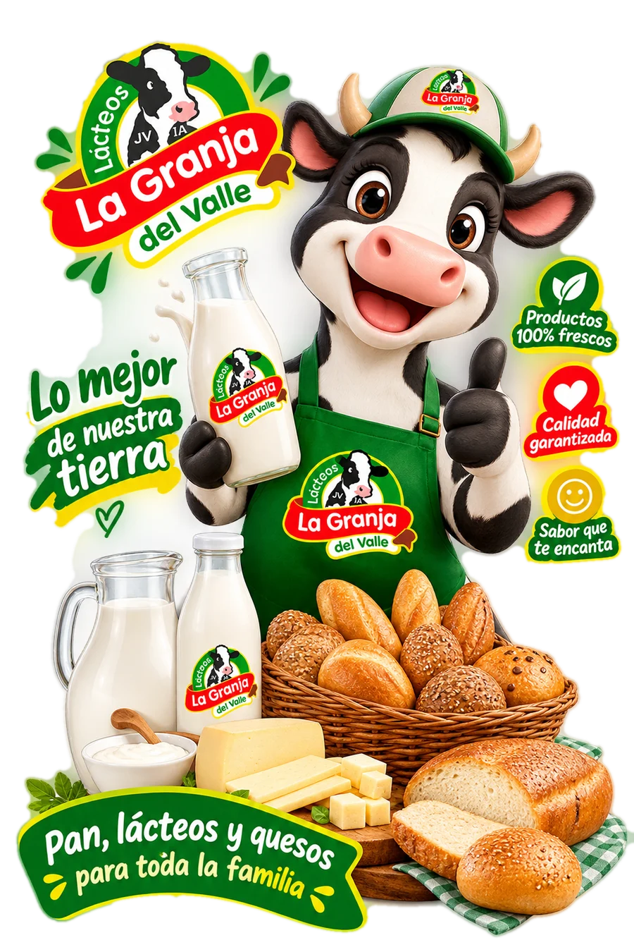 La vaca de La Granja del Valle con leche, quesos y pan: Lo mejor de nuestra tierra. Pan, lácteos y quesos para toda la familia