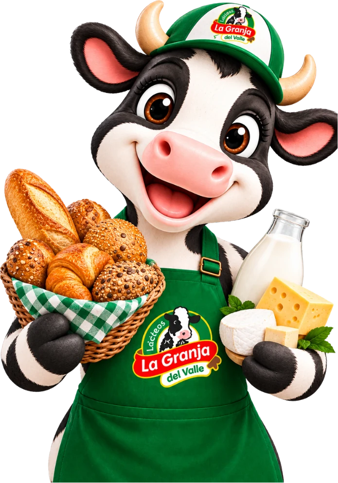 La vaca mascota de La Granja del Valle con una canasta de pan, una botella de leche y quesos